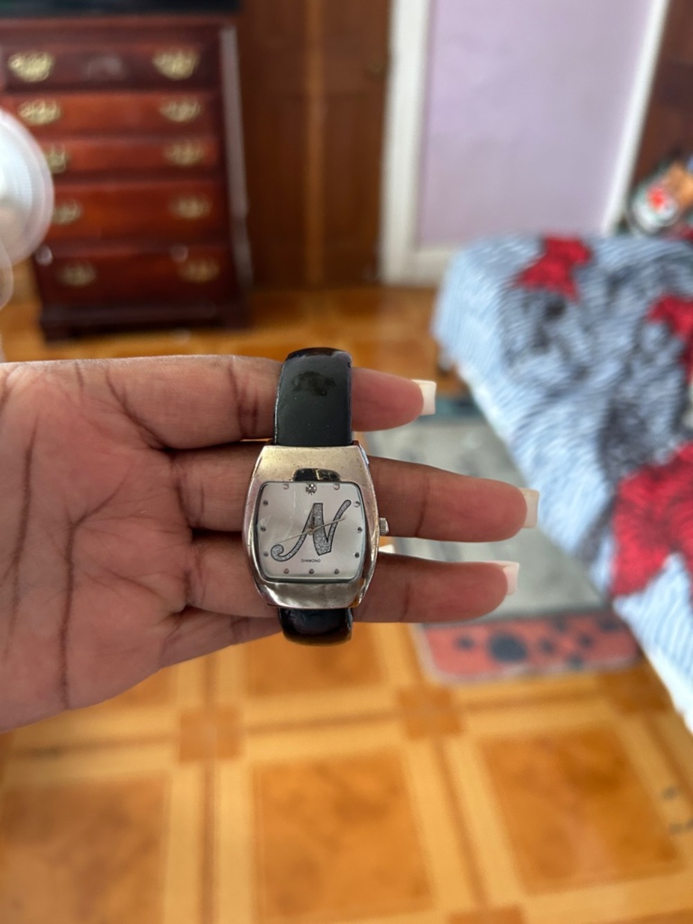 Black Women's Leather Strap Watch with Silver Dial